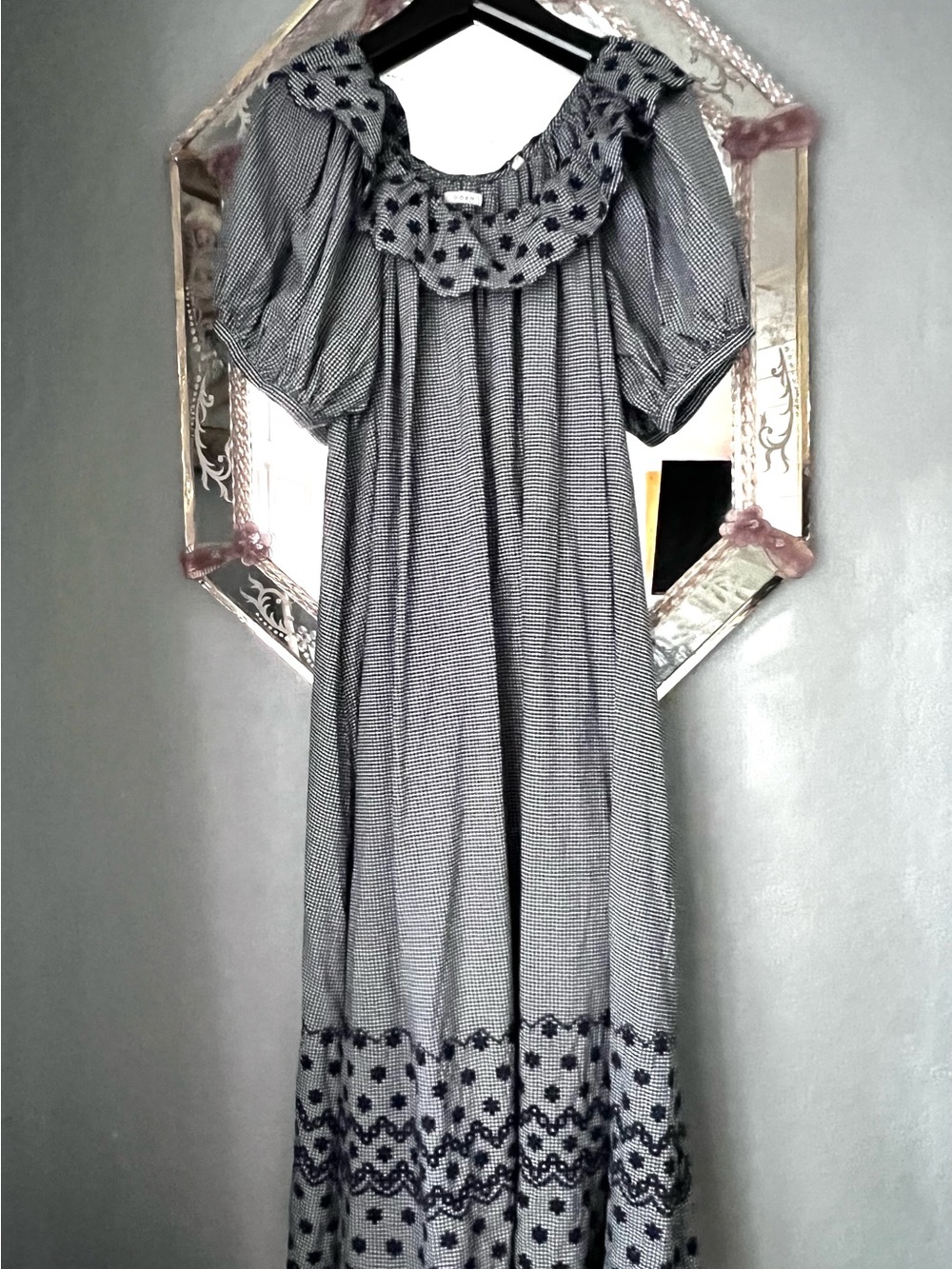 Doen Navy and White Checked Maxi dress with Puff Sleeves and Embroidered Hem. - Picture 2 of 4